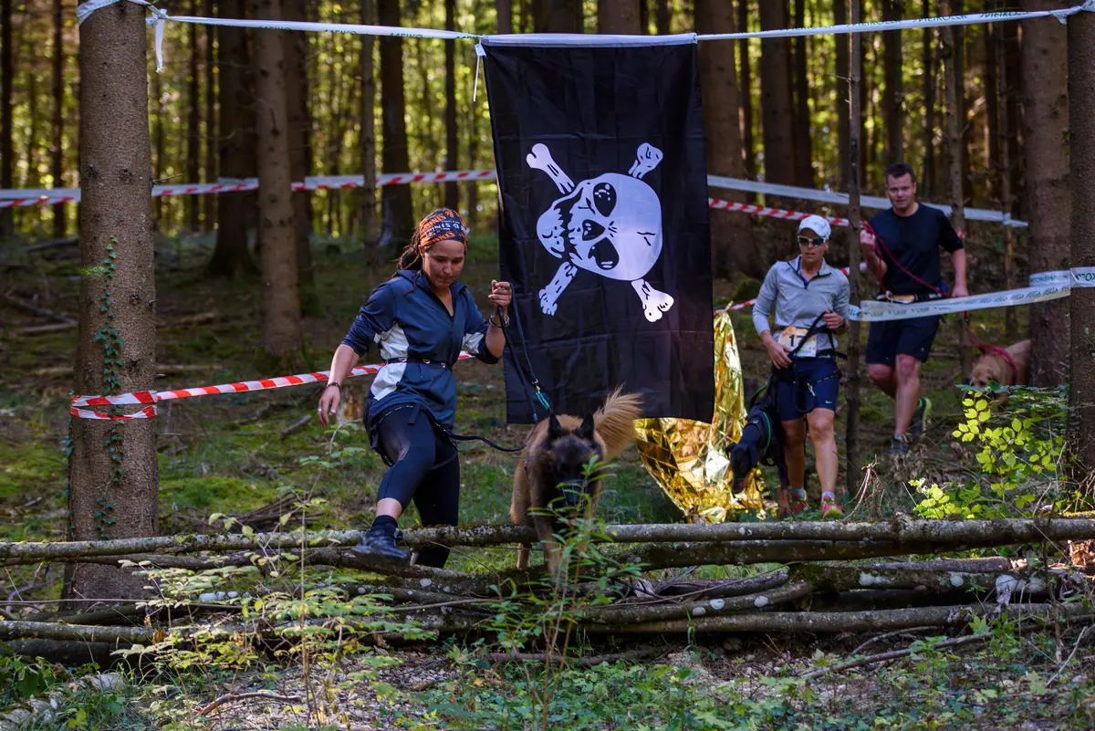 Teams steigen im Wald über Baumstämme, dahinter eine Piratenflagge